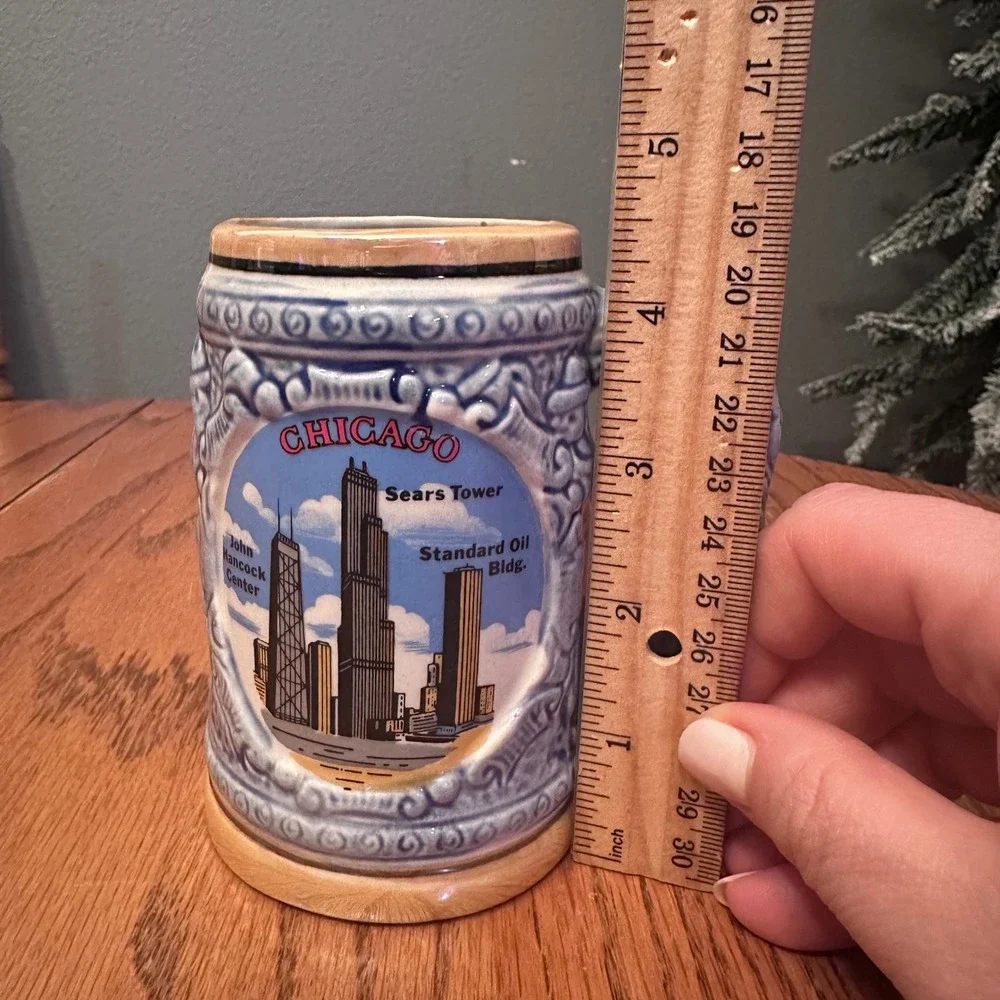 Vintage Chicago Skyline Beer Stein Japan Blue Ceramic Mug Sears Tower